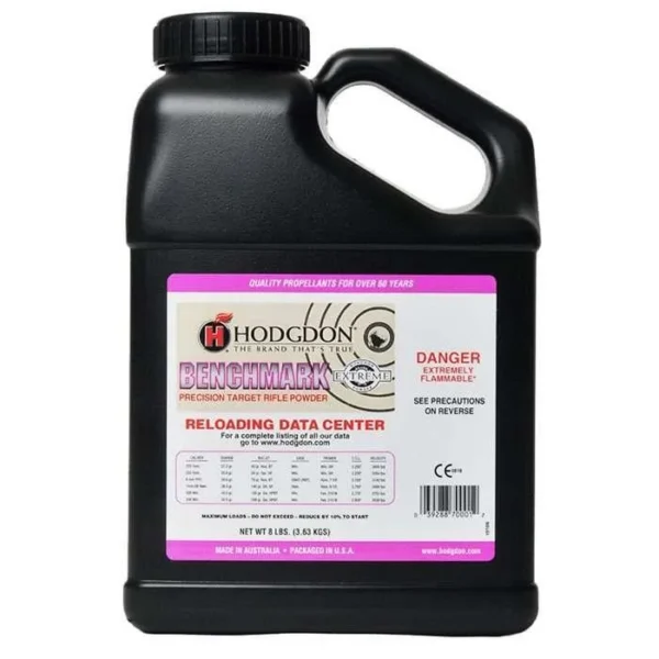 Hodgdon Extreme Benchmark Rifle Powder, black handled bottle with front label