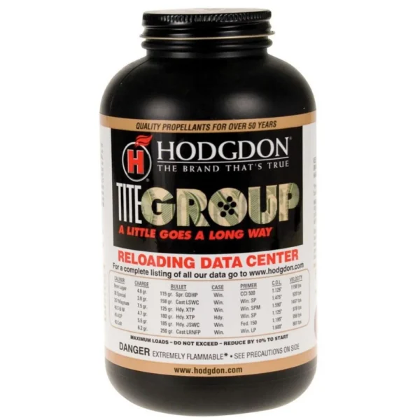 Hodgdon TITEGROUP powder, front view of black bottle with black cap and white label