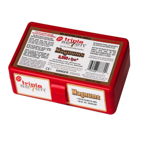 Hodgdon Triple Seven Magnum Pellets, red rectangular container shown at an angle