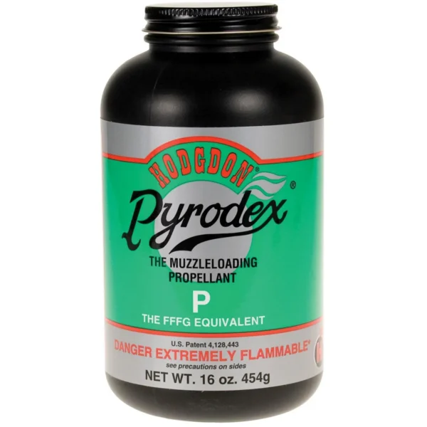 Hodgdon Pyrodex P black powder bottle, front view with green and gray label and screw cap