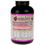 Hodgdon Extreme Benchmark Rifle Powder, front view of black bottle with white and magenta label
