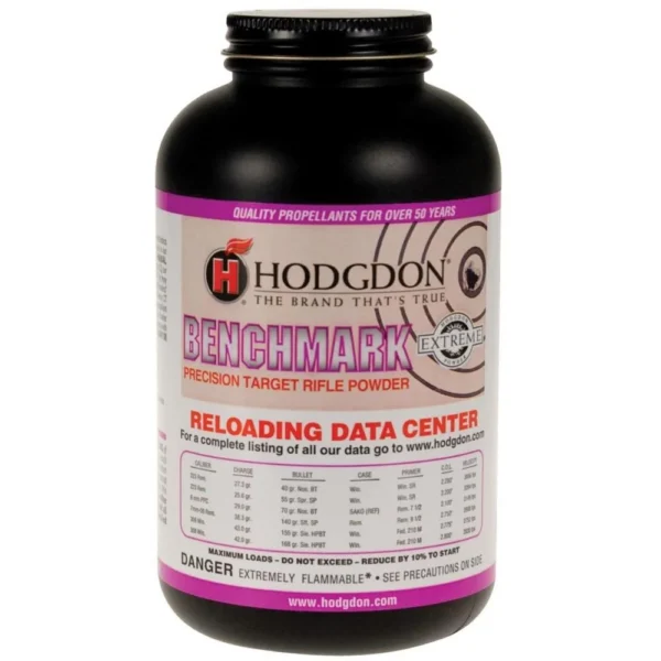 Hodgdon Extreme Benchmark Rifle Powder, front view of black bottle with white and magenta label