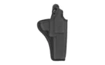 BIANCHI #7001 black revolver holster, side view with belt loop and retention strap