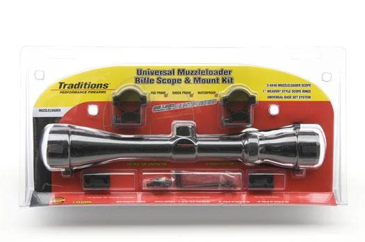Traditions Muzzleloader Rifle Scope and Mount Kit, black scope and rings in retail packaging
