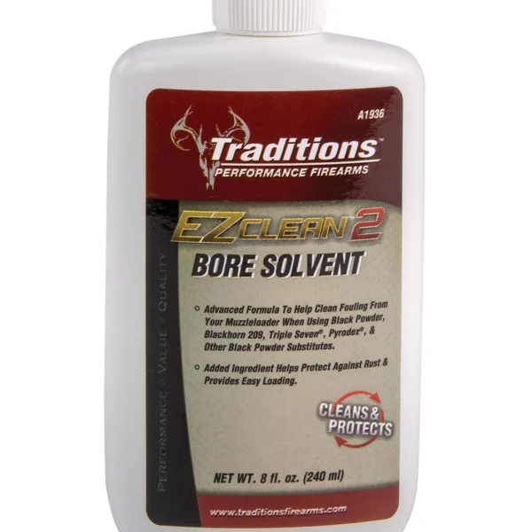 Traditions EZ Clean 2 Bore Solvent, front view of white capped bottle with red label