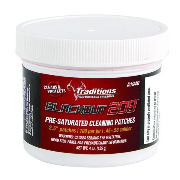 Traditions BlackOut 209 cleaning patches, front view of white jar with black and red label