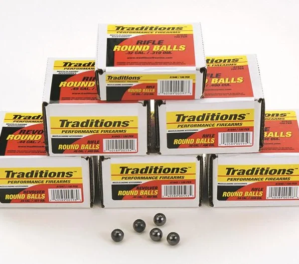 Traditions Muzzleloader Revolver Round Ball, stacked boxes with several dark round balls