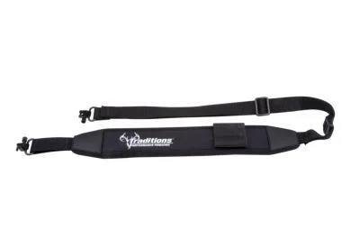 Traditions Neoprene Sling A1870 black sling laid flat with padded center and swivels