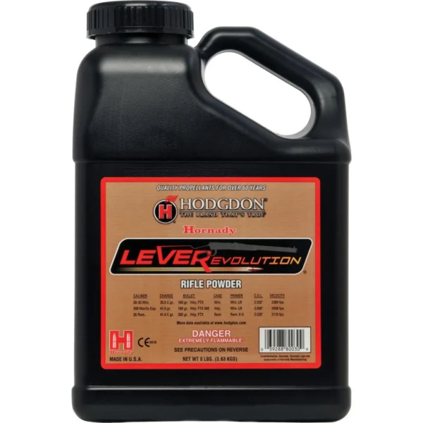Hodgdon LEVERevolution rifle powder, black handled container with red label, front view