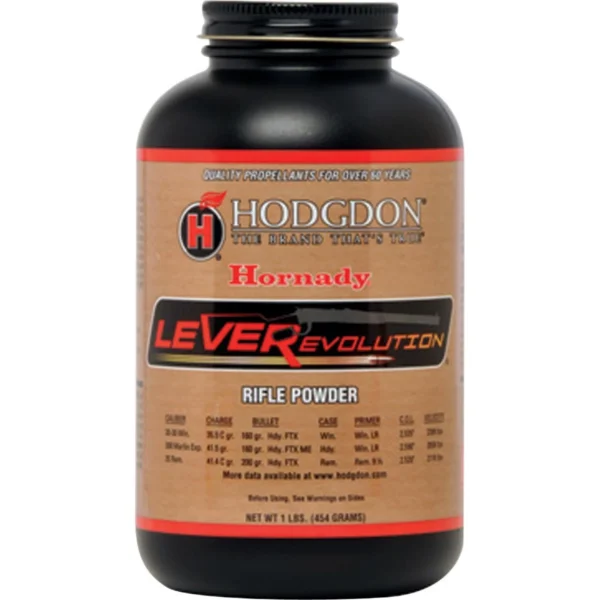 Hodgdon LEVERevolution Spherical Rifle Powder, black bottle front view with tan label