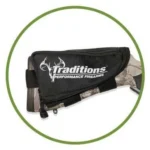 Traditions Rifle Stock Pack, black fabric pack mounted on a camouflage rifle stock