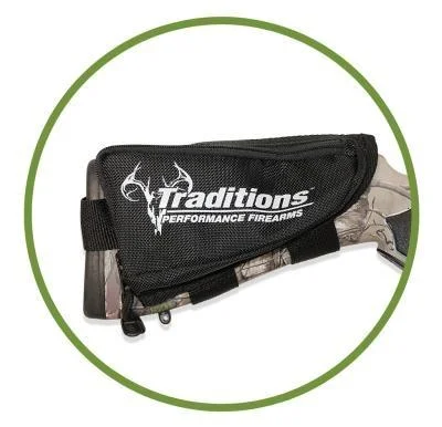 primary-25541 Traditions Rifle Stock Pack, black fabric pack mounted on a camouflage rifle stock