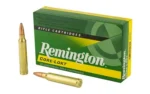 Remington Core-Lokt Rifle Ammunition, green and yellow box with two brass cartridges