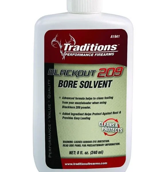 Traditions BlackOut 209 Bore Solvent, white bottle with red, black and green front label