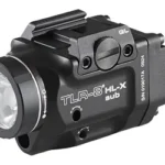 Streamlight TLR-8 HL-X Sub black weapon light, front-left view with lens, controls and rail mount
