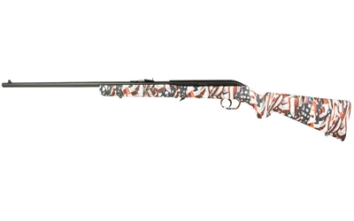 Savage Arms SAV 64F rifle, right-side view with red, white and blue flag-pattern stock