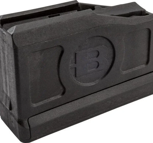 Bergara AICS 3-Round Short Action Magazine, black polymer, angled side view with embossed logo