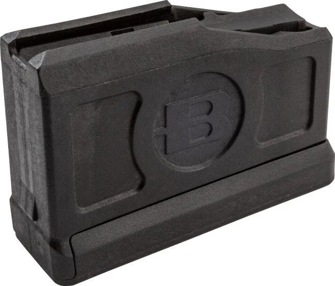 primary-25657 Bergara AICS 3-Round Short Action Magazine, black polymer, angled side view with embossed logo