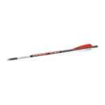 Gsm Bloodsport Witness Crossbow Bolt, side view with dark shaft, red vane and silver tip