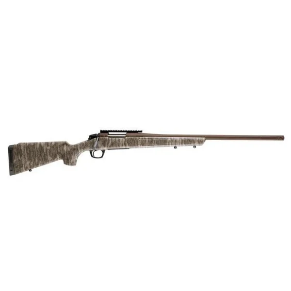 CVA Cascade XT Bolt Action Rifle, side view with camouflage stock and bronze fluted barrel