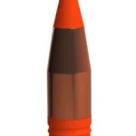 PowerBelt ELR AeroTip bullet, side view with copper-coloured body and orange pointed tip
