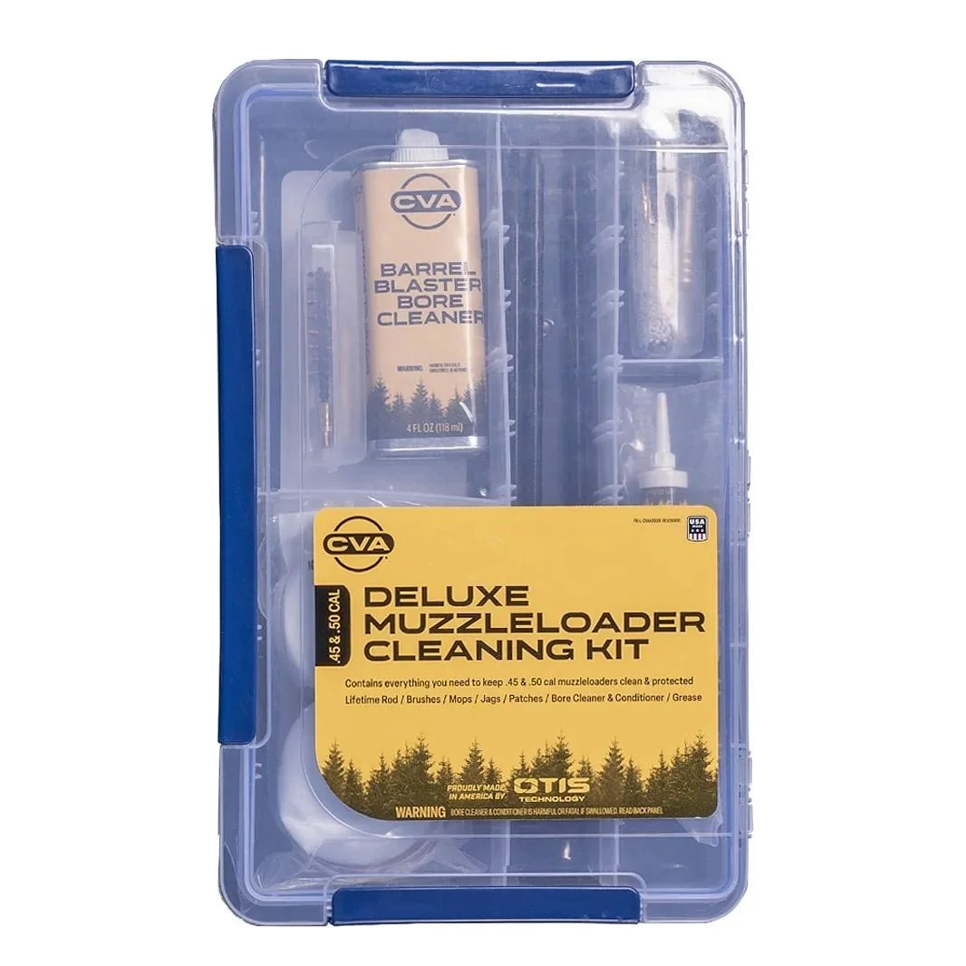 primary-25724 CVA Deluxe Muzzleloader Cleaning Set Updated, front view in clear blue plastic case