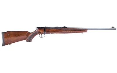 Savage Arms SAV B17 G rifle, right-side view with brown wood stock and black barrel