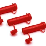 CVA Rapid Loader, three red loaders with tethered caps in angled view