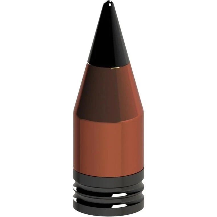 primary-25781 PowerBelt ELR AeroTip Bullets, single copper-colored bullet with pointed black tip and ribbed base