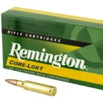Remington Core-Lokt Rifle Ammunition 7mm-08 Rem, green box with three brass cartridges