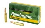Remington Core-Lokt Rifle Ammunition 7mm-08 Rem, green box with three brass cartridges