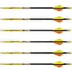 Feradyne Outdoors Carbon Express Mayhem Crossbow Bolts, six black bolts with orange-yellow vanes