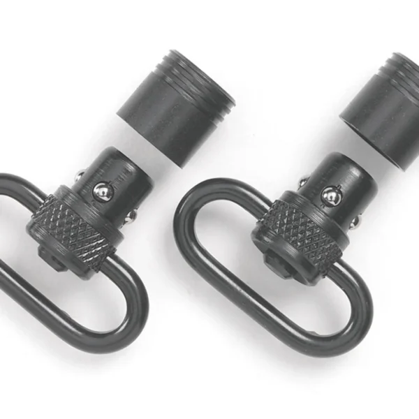 Michaels Of Oregon Uncle Mike's Push Button Detachable Swivel, two black swivels angled upright
