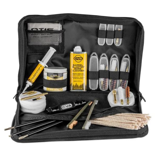 CVA Elite Muzzleloader Cleaning Kit, open black soft case with rods, brushes, patches and bottles