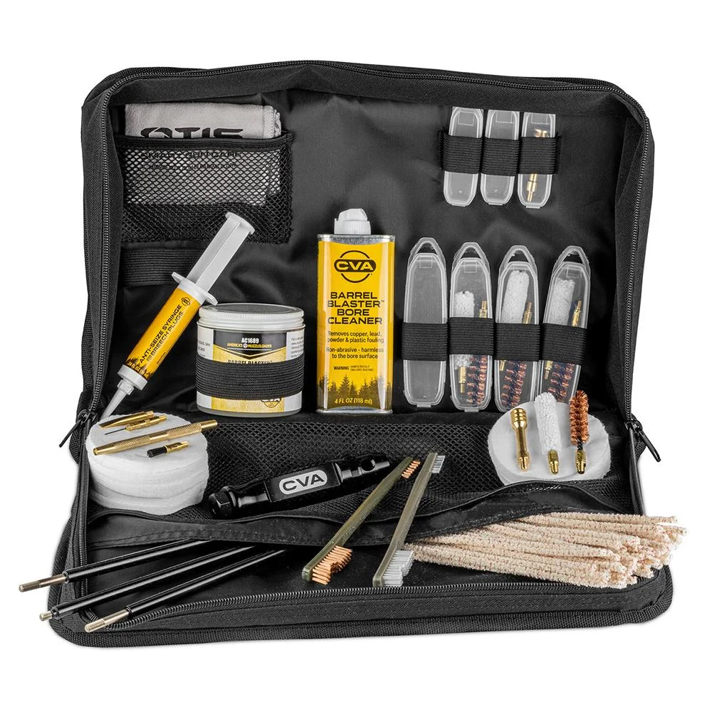primary-25828 CVA Elite Muzzleloader Cleaning Kit, open black soft case with rods, brushes, patches and bottles