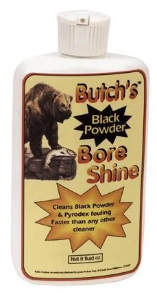 Pachmayr Butch's Black Powder Bore Shine white bottle with bear label, front view