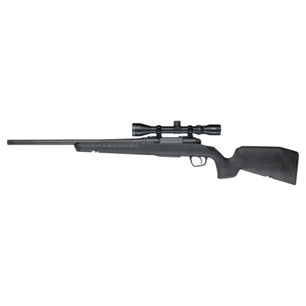 Savage AXIS XP, right-side view of black rifle with mounted scope, detachable magazine and long barrel