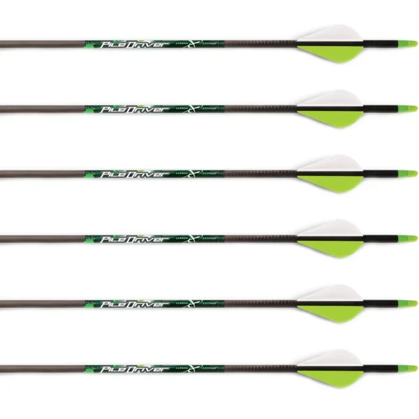 Feradyne Outdoors Carbon Express PileDriver crossbow bolts, six black bolts with green and white vanes