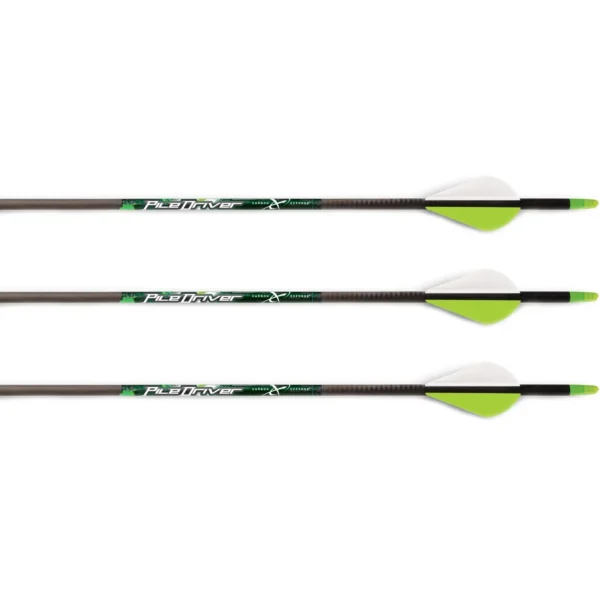 Feradyne Outdoors Carbon Express PileDriver Crossbow Bolts, three black shafts with green-white fletching