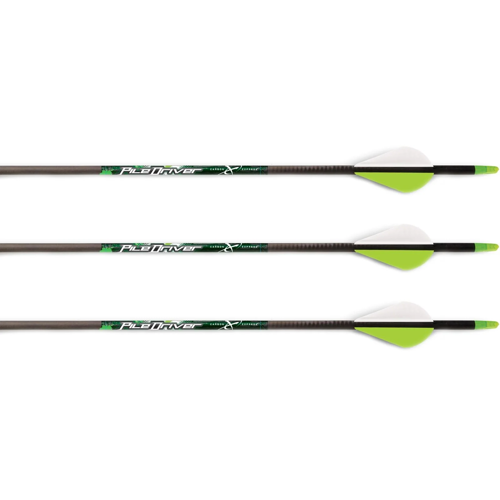 primary-25895 Feradyne Outdoors Carbon Express PileDriver Crossbow Bolts, three black shafts with green-white fletching