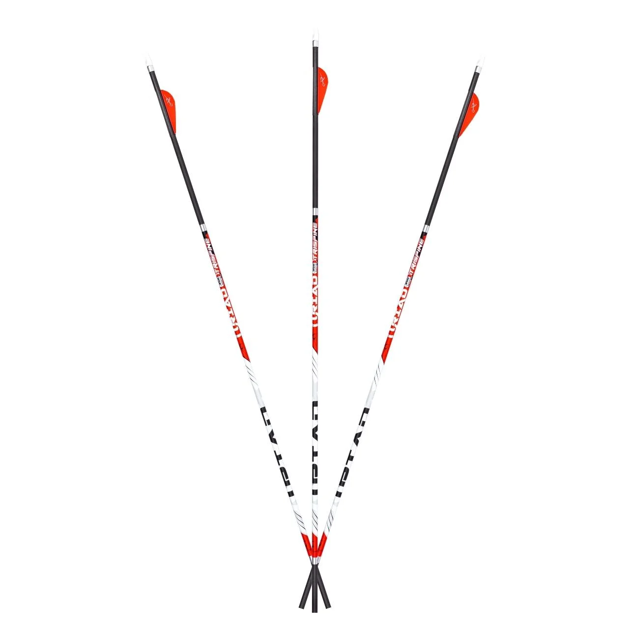 primary-25897 Feradyne Outdoors Carbon Express Maxima Triad XSD Hunting Arrows, three black arrows with red vanes