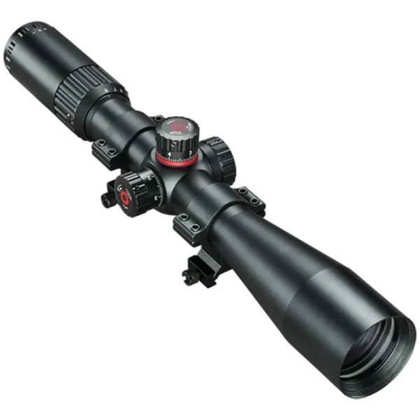 Simmons ProTarget Rifle Scope, matte black angled view with adjustment turrets and lens shade