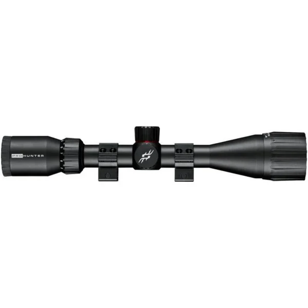 Simmons Pro Hunter rifle scope, black side view with adjustment turrets, rings and lens caps
