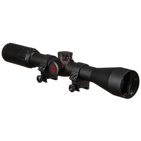 Simmons Pro Target Rimfire Rifle Scope in black, right-side view with adjustment turrets and rings