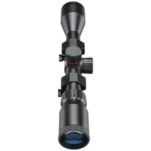 Simmons Pro Hunter black rifle scope, angled view with turrets and mounted rings