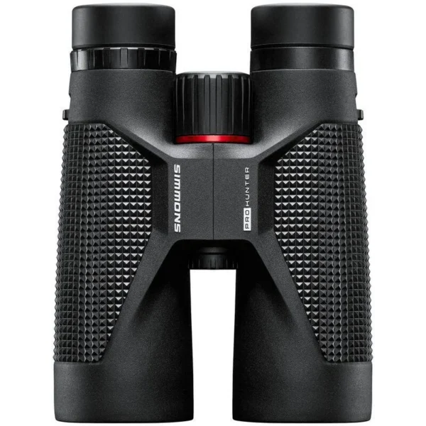 Simmons Pro Hunter black binocular in front view with textured grips and red center accent