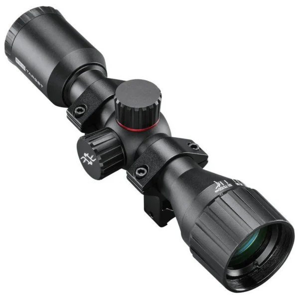 Simmons Pro Target Air 4x32 Rifle Scope, black angled view with rings and adjustment turrets