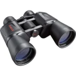 Tasco Essentials Porro Binocular, angled front view in black with large objective lenses