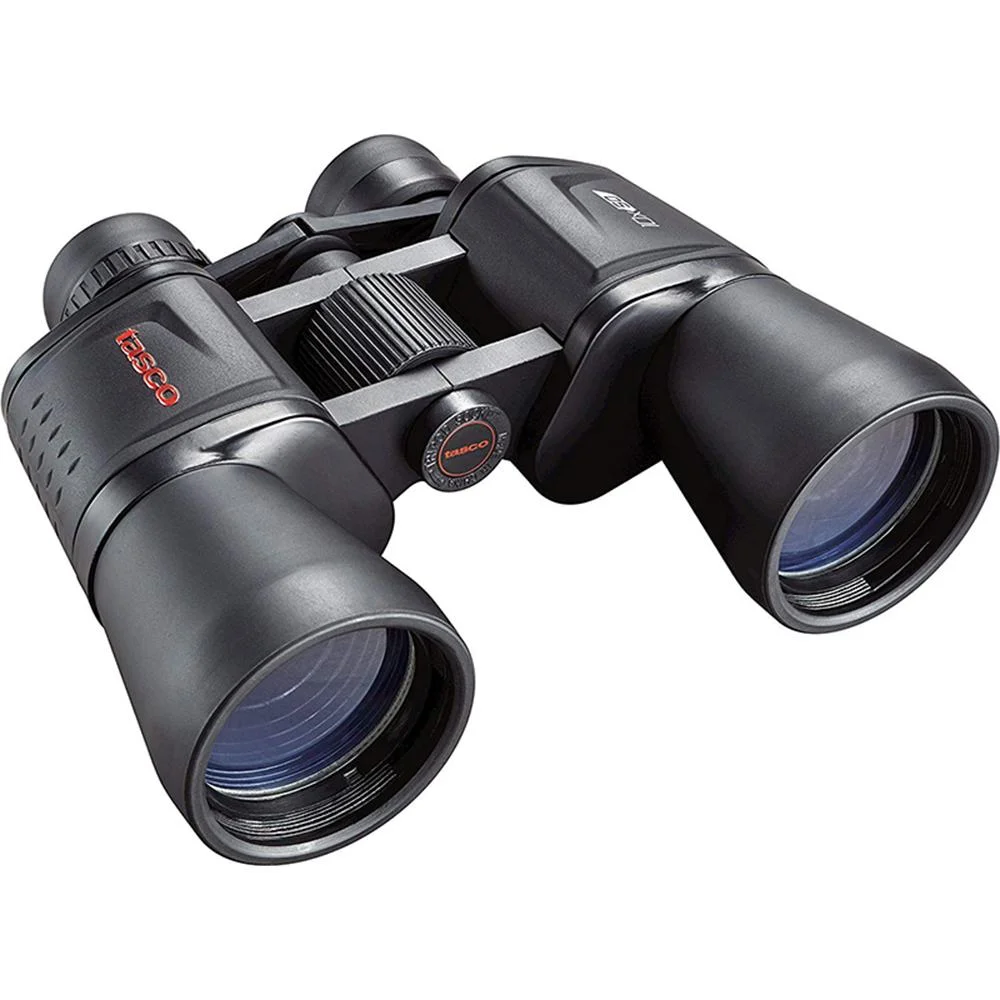 primary-25965 Tasco Essentials Porro Binocular, angled front view in black with large objective lenses
