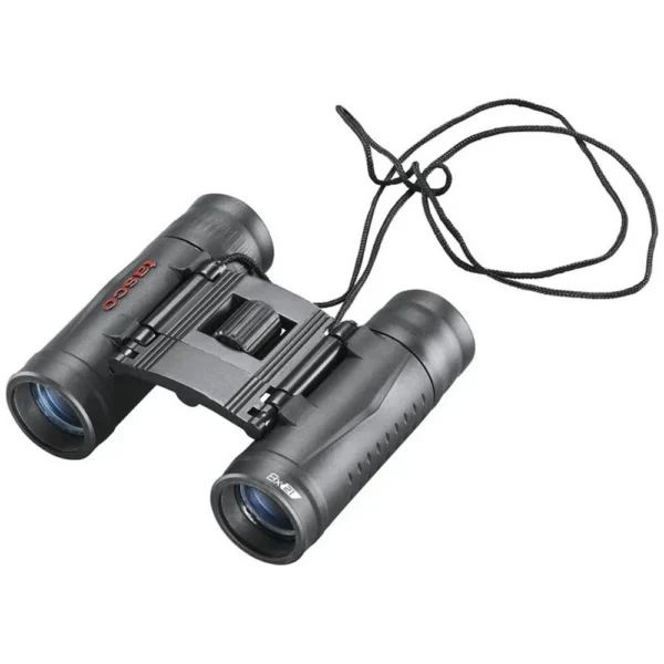Tasco Essentials Roof Binocular black folding binoculars with attached neck cord, angled view
